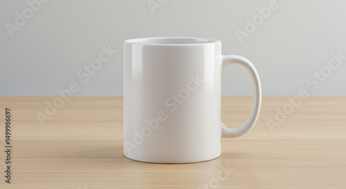 Minimalist presentation showcasing a classic white ceramic mug on wood surface