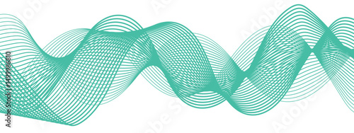 Abstract flowing wave pattern spaced green lines forming wave and motion on white background. lines and curved, thin, and transparent, movement and rhythm. light green tones, clean, modern design