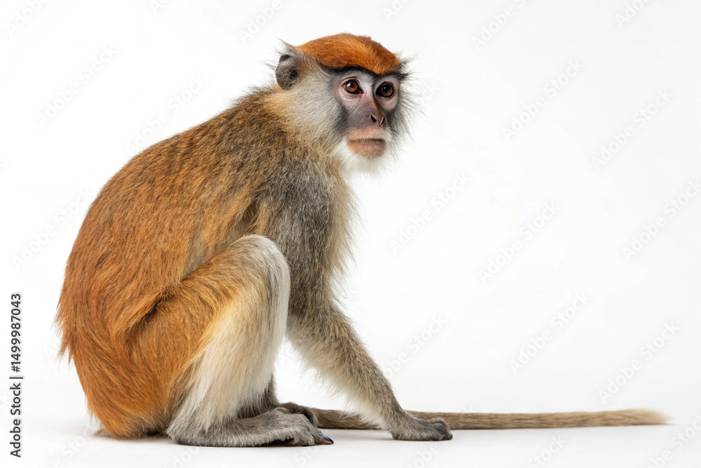 Obraz premium Ultra-High-Resolution Portrait of a Red-Eared Patas Monkey Sitting on a White Background Capturing Crisp Detailed Fur Texture, Expressive Facial Features and Natural Primate Pose in Soft Neutral Light