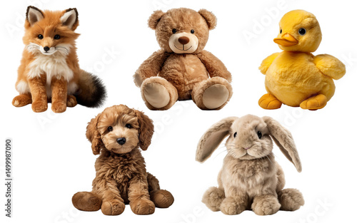 Realistic plush toys collection, isolated on white background