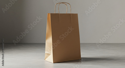 Minimalist display of a brown paper shopping bag with handles on grey surface