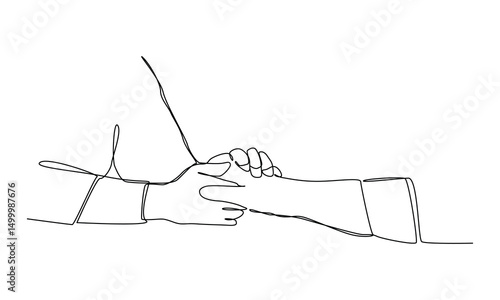 Continuous one line art of The doctor holds a patient's hand to reassure the medical examination process.