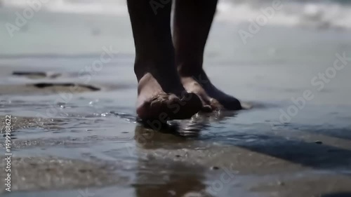 Close up of Bare Feet Walking on Wet Beach Sand by the Shore
