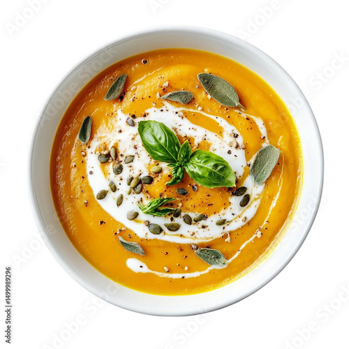 Portion of gourmet pumpkin soup puree with cream [Transparent Background PNG].
