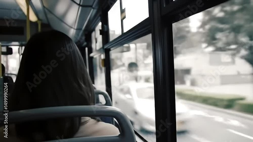 Woman Sitting on Bus Looking Out Window at City Streets