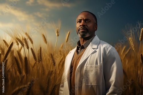 Agronomist researcher in the wheat field. Influence of modern fertilizers and chemicals on the quality and rate of grain maturation.