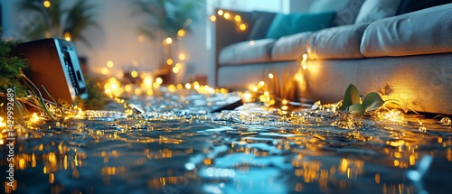 Water damage scene in a living room, illuminated by string lights.  Electronics and plants are submerged
