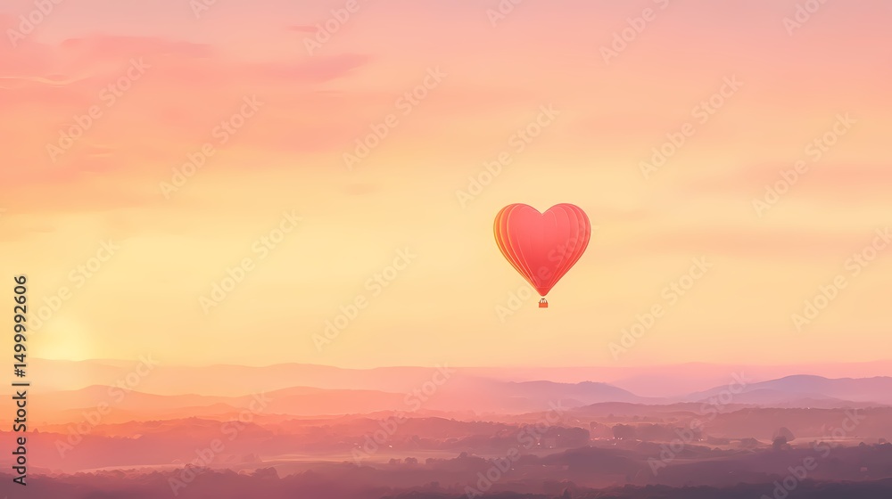 Obraz premium Romantic sunrise scene with a heart shaped hot air balloon soaring over a misty landscape. Concept of love, adventure, freedom, and dreams.