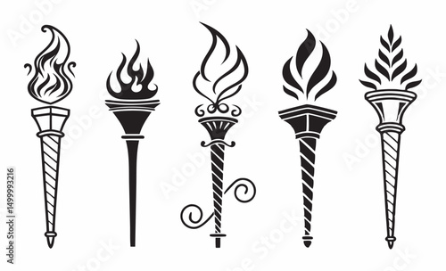 Set of burning candles fire flames torch vector icons design symbols