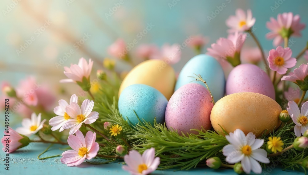 Fototapeta premium Pastel-colored Easter eggs nestled in a spring floral arrangement , daffodils, spring
