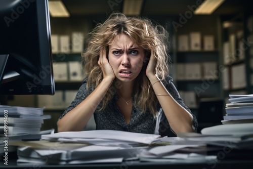Blonde young Caucasian female accountant in office hell. She's swamped with work. She sits in the office at night at a table littered with documents. Burnout and overworking.