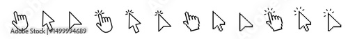 cursor icon set including arrow, hand pointer, click effect, hourglass, and magnifier icons. Classic UI cursor pack for web app interfaces and digital design. Vector illustration collection.