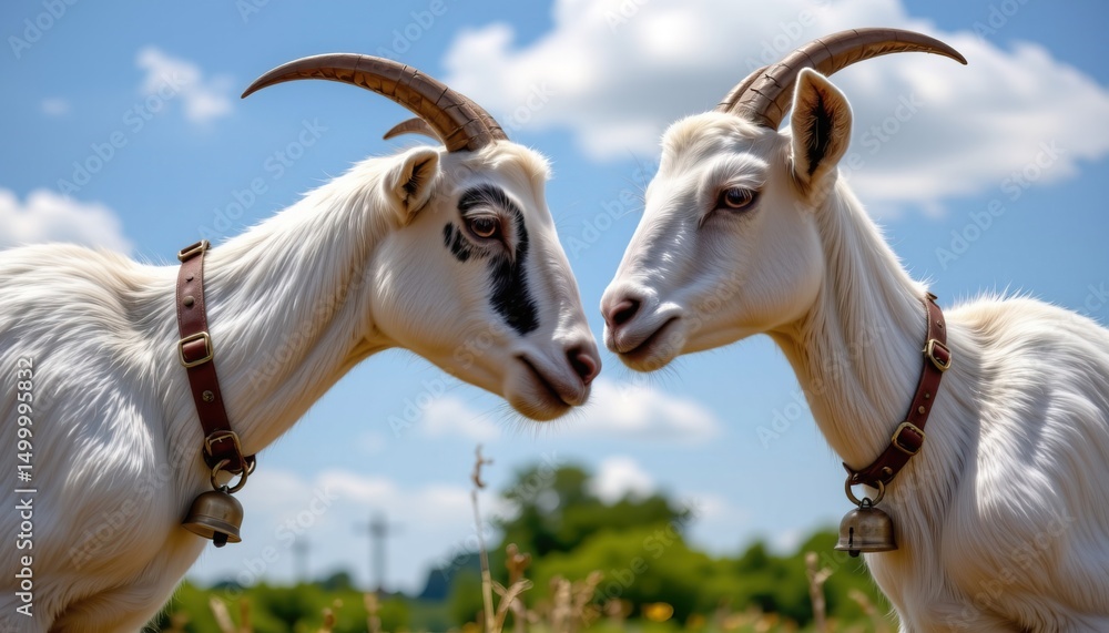 Fototapeta premium Close-Up of Two White Goats with Brown Straps and Bells Under a Bright Blue Sky with Fluffy Clouds