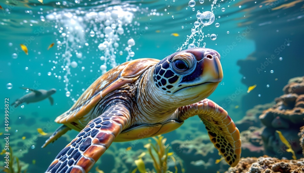 Fototapeta premium Majestic Sea Turtle Swimming Gracefully Through Vibrant Coral Reef with Bubbles and Underwater Vegetation