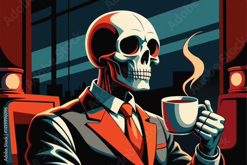 Contemplative Skull in a Suit. A Dark Coffee Break in the City