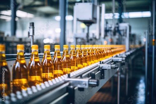 Glass brown bottles of beer on conveyor belt with light, concept brewery plant production line, beer bottling factory