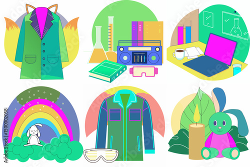 Colorful illustration of various objects and clothing items in playful style  