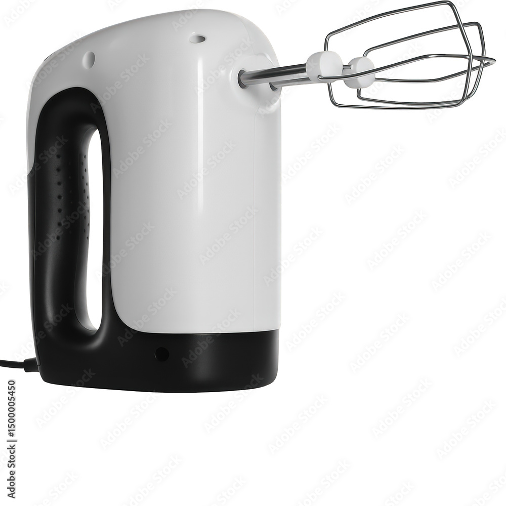 A compact electric hand mixer with dual metal beaters and an ergonomic handle. A compact electric hand mixer with dual metal beaters and an ergonomic handle.