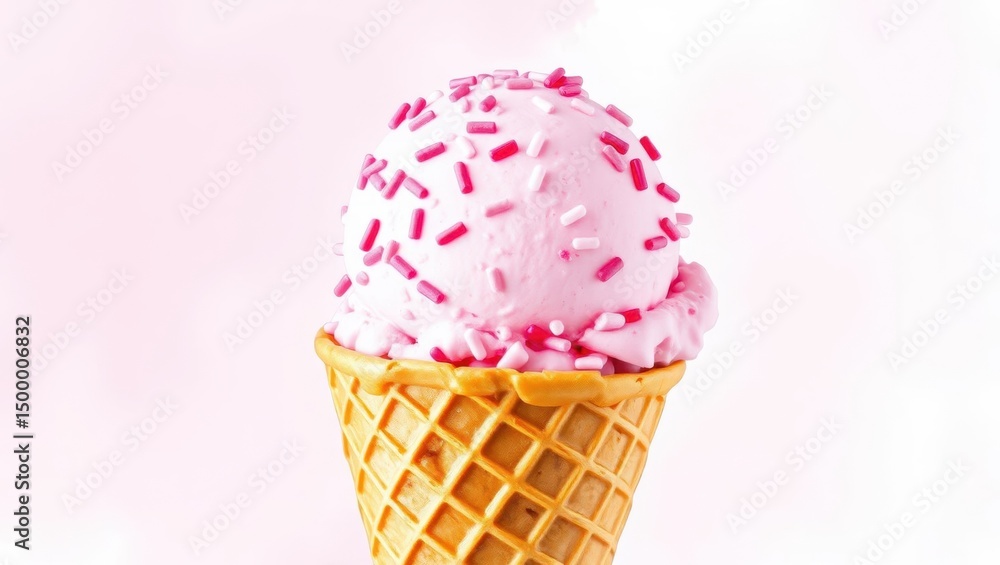 Delicious strawberry ice cream cone with sprinkles isolated on pink background Delicious strawberry ice cream cone with sprinkles isolated on pink background