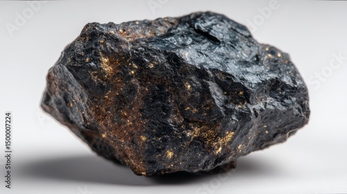 Close-up of coltan ore with dark, grainy texture and metallic flecks