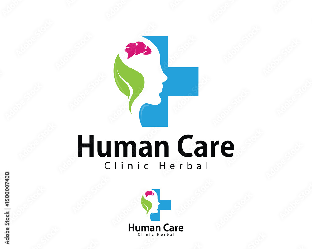 Fototapeta premium human health care logo creative design concept brain plus nature herbal