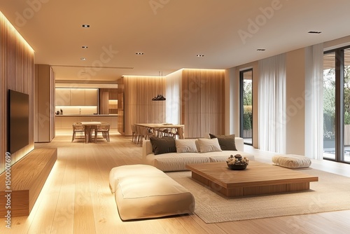Modern minimalist living room design with warm wood accents