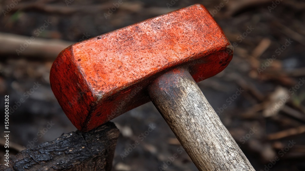Rusty orange sledgehammer on charred wood background Rusty orange sledgehammer on charred wood background