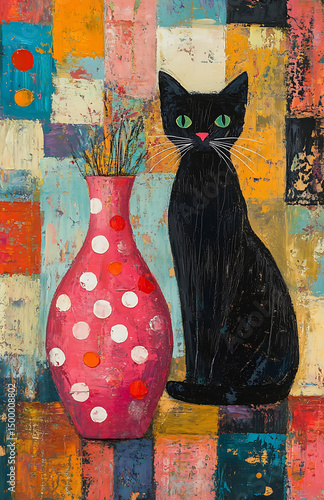 Black cat sits beside shiny pink vase adorned with polka dots, set against vibrant, colorful background of abstract patterns. scene evokes playful and artistic atmosphere