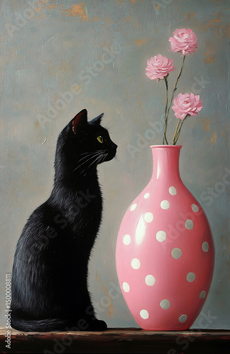 Black cat sits gracefully beside shiny pink vase adorned with polka dots, showcasing delicate pink flowers. scene evokes sense of calm and beauty
