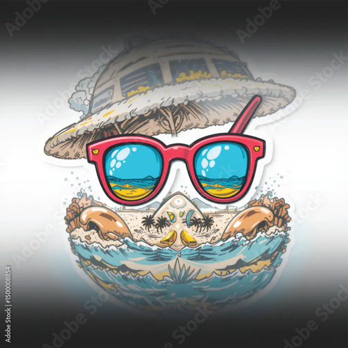 Colorful beach illustration featuring sunglasses and tropical scenery  