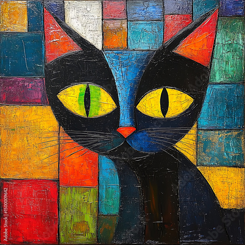 Colorful cubist cat with striking yellow eyes stands out against vibrant background of primary colors. artwork evokes sense of mystery and playfulness, inviting viewers to explore its unique style
