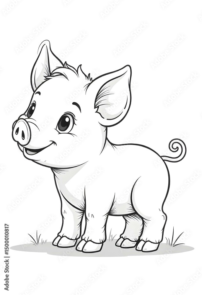 Fototapeta premium Simple black and white cartoon outline of a happy piglet in side view, curly tail, minimal face features, clean lines, white background without detail 