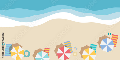 Vacation and travel concept. Beach umbrella, beach towel, sandals, sunglasses. Summer vector illustration.