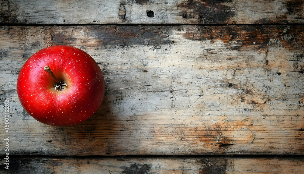 A vibrant red apple lies on a rustic, aged wooden surface, contrasting textures and colors in a minimalist scene A vibrant red apple lies on a rustic, aged wooden surface, contrasting textures and colors in a minimalist scene