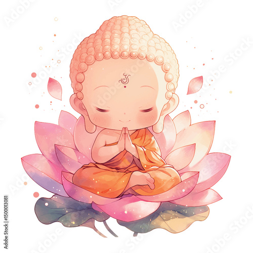 Small Buddha figurine sits peacefully on a pink lotus flower, radiating tranquility and serenity during a bright day