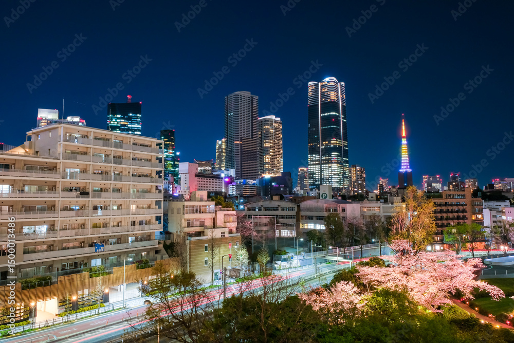 Naklejka premium 東京都港区 六本木から見る春の東京の高層ビル群 夜景
