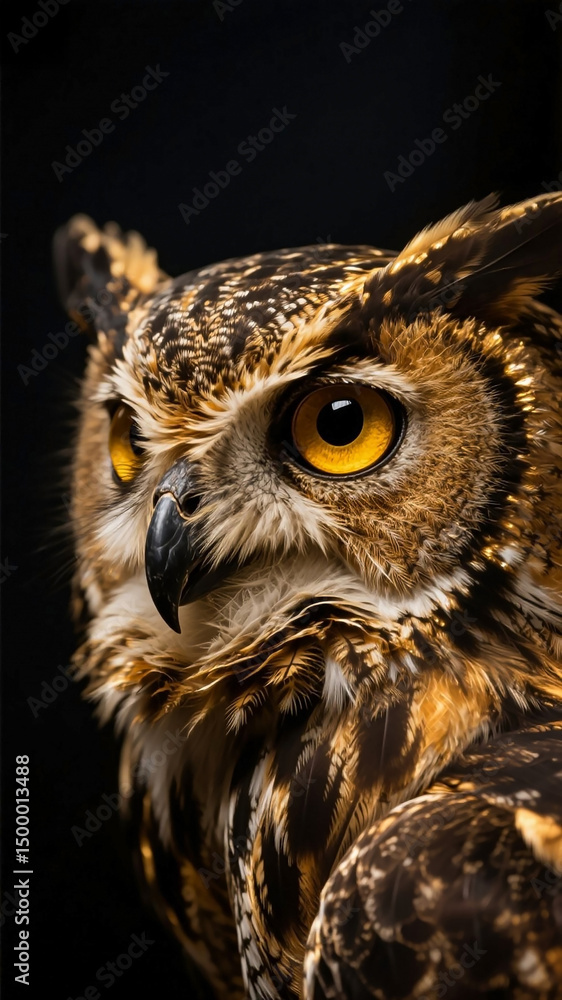 Obraz premium Close-up of an owl with intense golden eyes set against a dark background in 4K. Captures sharp detail and mysterious ambiance, perfect for wildlife wallpaper, digital art, and nature themes.