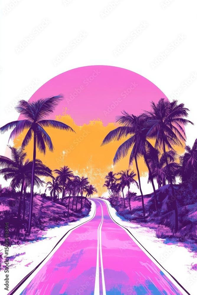 Naklejka premium Miami street scene, vibrant colors, Art Deco buildings, palm trees, sunny day, mid-century cars, lively atmosphere