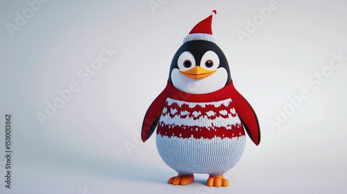 cute 3D-rendered cartoon penguin wears a Christmas sweater and Santa hat against a white studio background. Perfect for holiday, retail, kids', or seasonal marketing websites/blogs