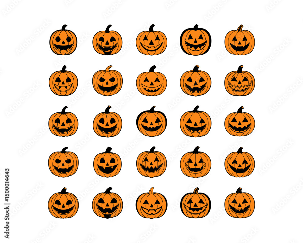Halloween pumpkin face vector collection - funny jack-o-lantern expressions, cute, scary, beautiful Halloween icons and funny pumpkins for spooky autumn designs. Halloween pumpkin face vector collection - funny jack-o-lantern expressions, cute, scary, beautiful Halloween icons and funny pumpkins for spooky autumn designs.