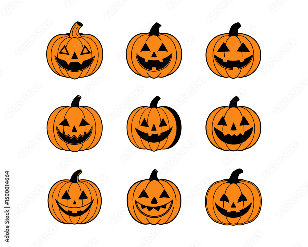 Halloween pumpkin face vector collection - funny jack-o-lantern expressions, cute, scary, beautiful Halloween icons and funny pumpkins for spooky autumn designs. Halloween pumpkin face vector collection - funny jack-o-lantern expressions, cute, scary, beautiful Halloween icons and funny pumpkins for spooky autumn designs.