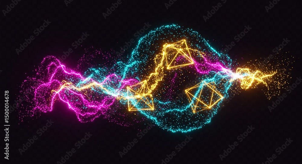 Glowing geometric forms traversing space with particle trails Glowing geometric forms traversing space with particle trails