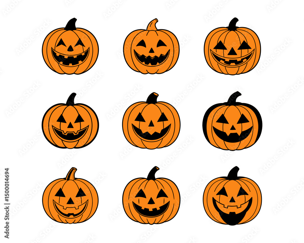 Halloween Pumpkin Faces Vector Set – Scary, Funny & Cute Jack-o'-Lantern Icons, Clipart Icons, Carving Stencils,Illustrations, Autumn Decor & Party Design. Halloween Pumpkin Faces Vector Set – Scary, Funny & Cute Jack-o'-Lantern Icons, Clipart Icons, Carving Stencils,Illustrations, Autumn Decor & Party Design.