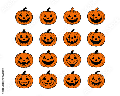 Halloween pumpkin face vector collection - funny jack-o-lantern expressions, cute, scary, beautiful Halloween icons and funny pumpkins for spooky autumn designs.