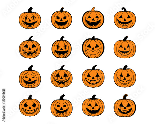 Halloween pumpkin face vector collection - funny jack-o-lantern expressions, cute, scary, beautiful Halloween icons and funny pumpkins for spooky autumn designs.