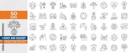 Energy & Ecology Line Icon Set – Protection, Planet Care, Recycling, Renewable Energy, Nature, Water, Solar Power – Editable Vector Illustration
