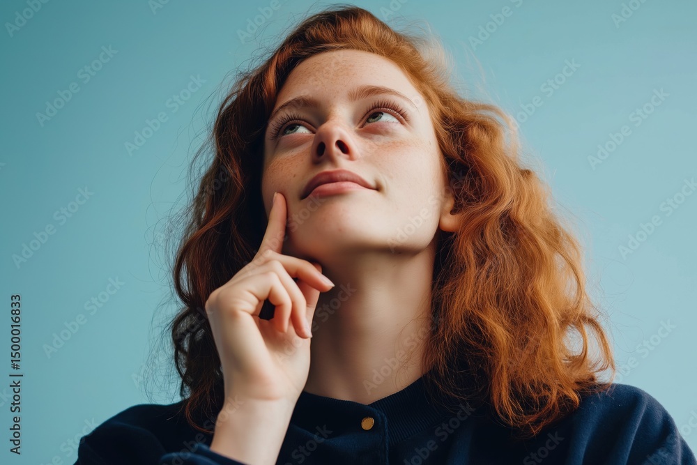 Young caucasian female with red hair contemplating against blue background Young caucasian female with red hair contemplating against blue background
