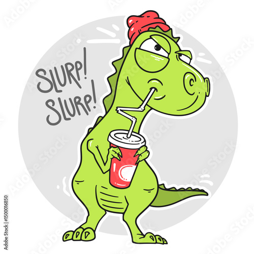 Funny cartoon dinosaur wearing a cap and sipping a drink through a straw from a cup. Cute and playful illustration