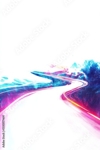 Neon style landscape with road in the middle and city in the background. Cyber pink, violet and blue colors.