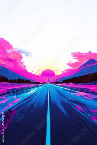 Neon style landscape with road in the middle. Cyber pink, violet and blue colors.